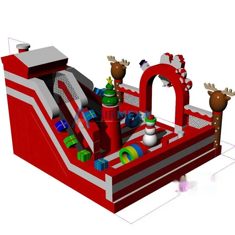 Castillo inflable con temática navideña y resbaladilla instalado para evento decembrino