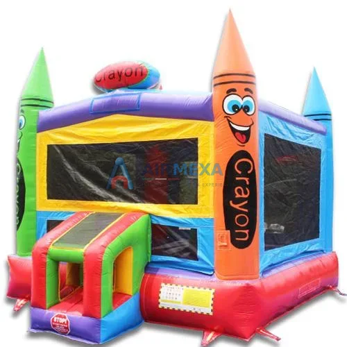 Castillo inflable comercial en forma de cubo con temática de crayones de colores