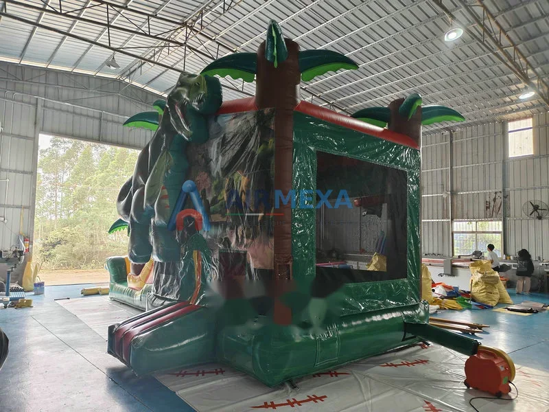 Combo inflable con forma de T-Rex en 3D y resbaladilla lateral, uso seco