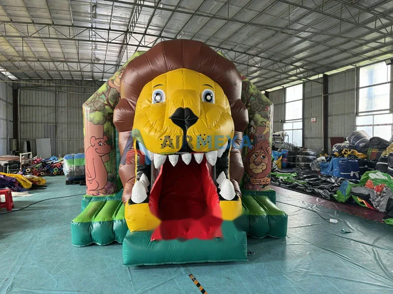Castillo inflable combo temático de león con resbaladilla, tamaño compacto