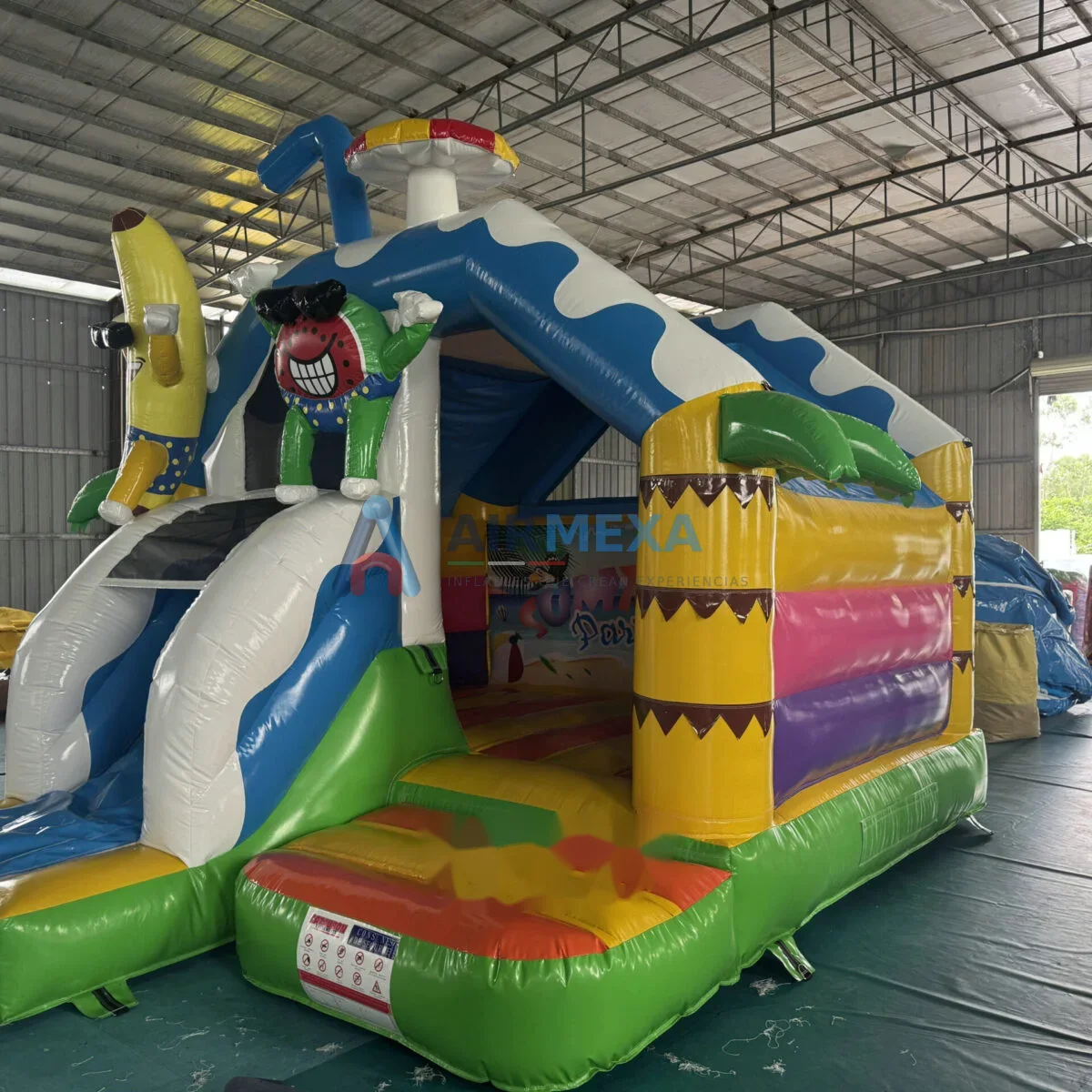 Combo inflable compacto con resbaladilla y temática de fiesta de verano
