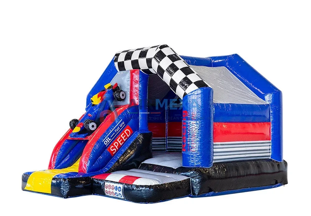 Combo inflable compacto con resbaladilla y temática de carreras para renta comercial
