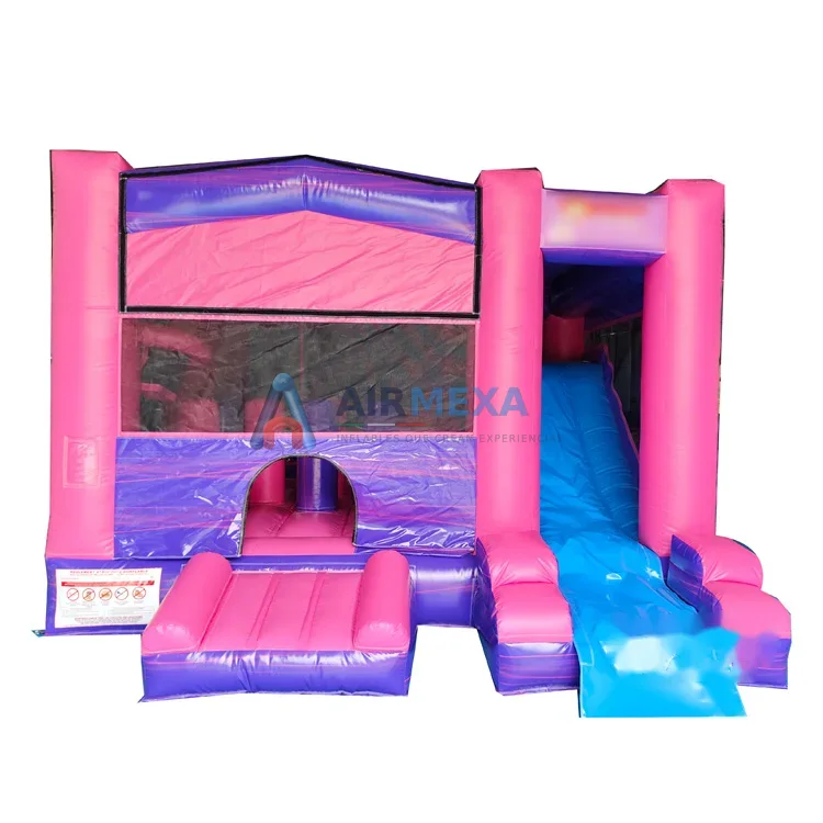 Combo inflable morado y rosa con resbaladilla y lona personalizada para eventos