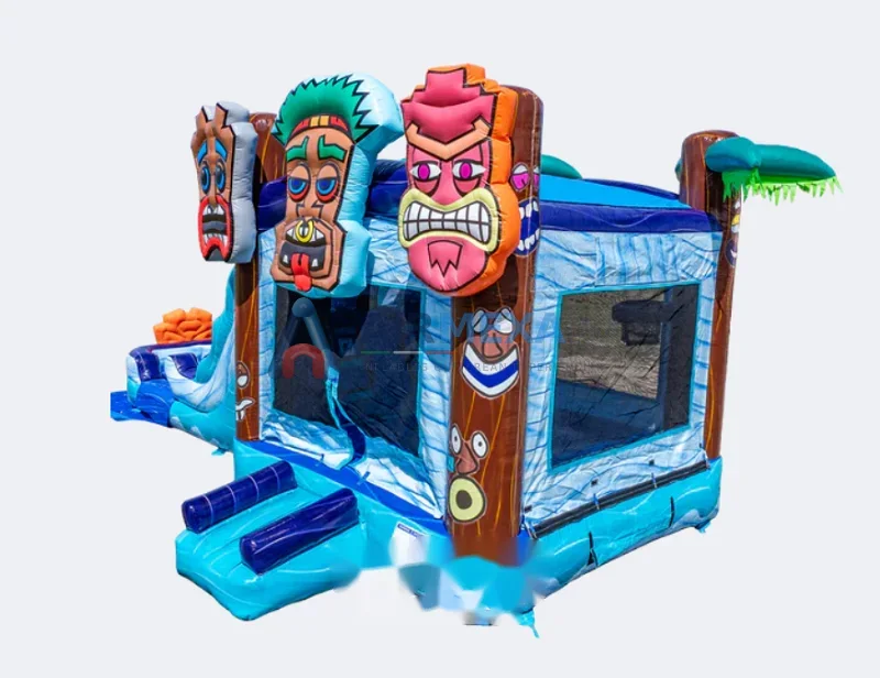 Combo inflable doble carril temática tiki con alberca de agua al final