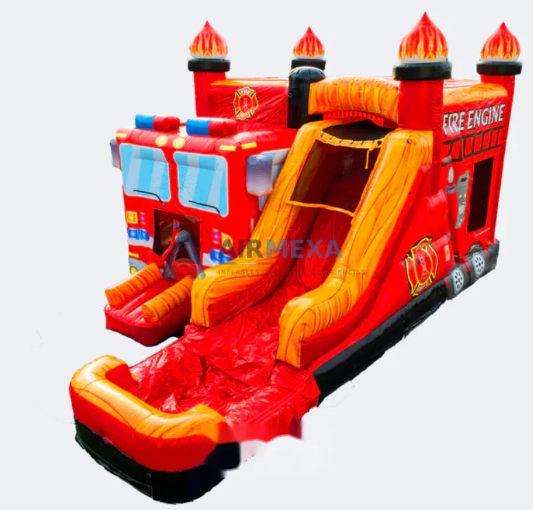 Castillo inflable temático de camión de bomberos con resbaladilla y alberca