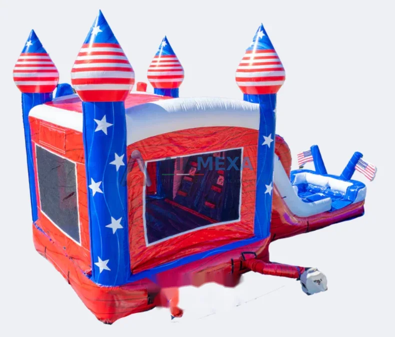 Combo inflable doble carril con resbaladilla y temática de Estados Unidos