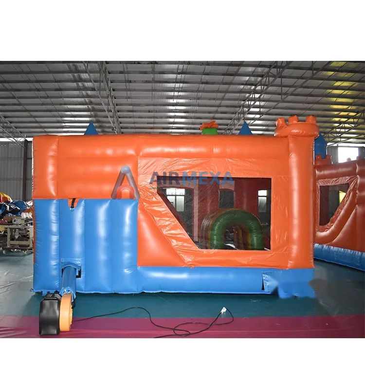 Castillo inflable combo con temática de dragón naranja, brinco y resbaladilla
