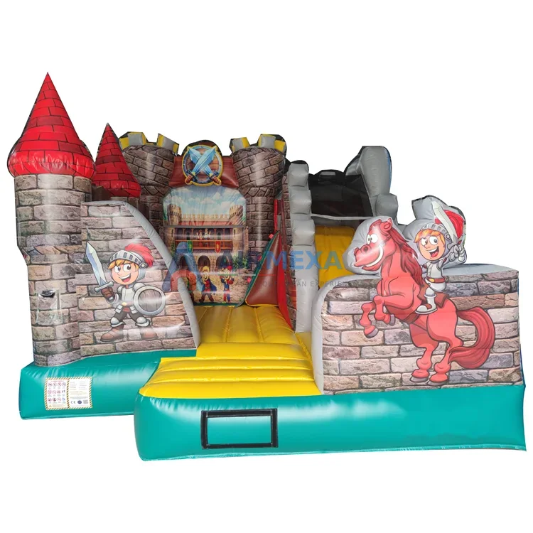 Castillo inflable temática medieval con resbaladilla y torres decorativas