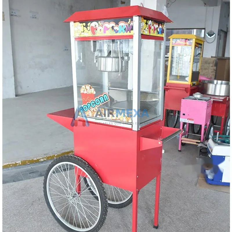 Carrito de palomitas eléctrico comercial listo para operar en un evento