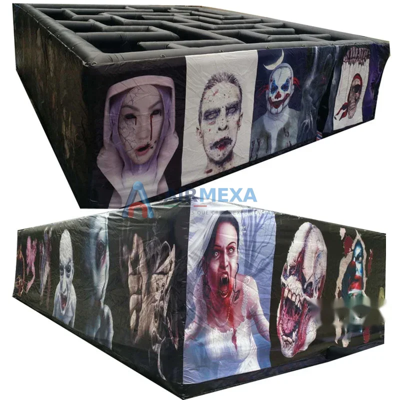 Laberinto inflable embrujado con temática de zombis instalado para evento de Halloween