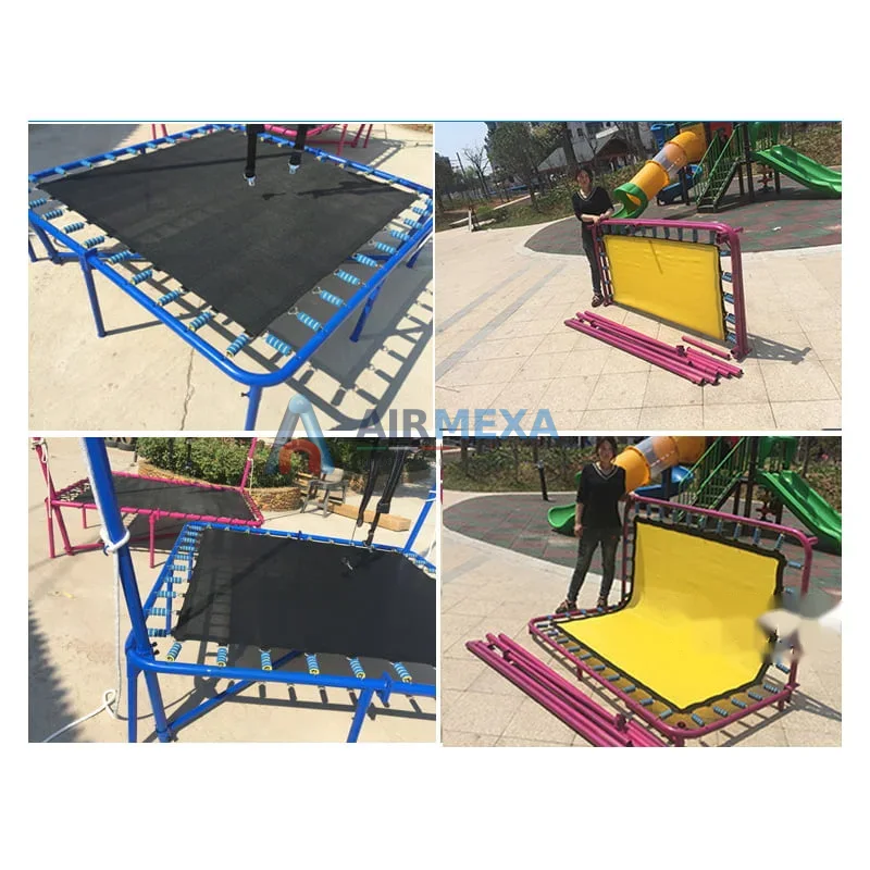 Trampolín bungee inflable con participante saltando sujeto a cuerdas elásticas
