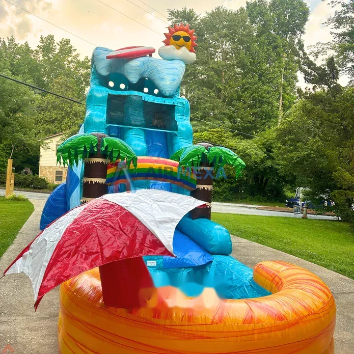Resbaladilla acuática inflable Wave con alberca integrada en balneario comercial